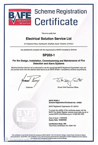 Supplied BAFE scheme registration certificate for Electrical Solution Service Ltd