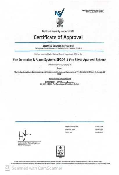 Supplied NSI Fire Silver certificate of approval for Electrical Solution Service Ltd