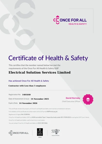 Once For All Health and Safety SSIP certificate expiring 14 November 2026