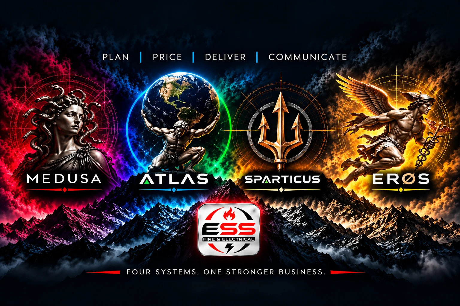 ESS systems family artwork: Medusa, Atlas, Sparticus and Eros, with the ESS Fire and Electrical logo and the words Plan, Price, Deliver, Communicate.